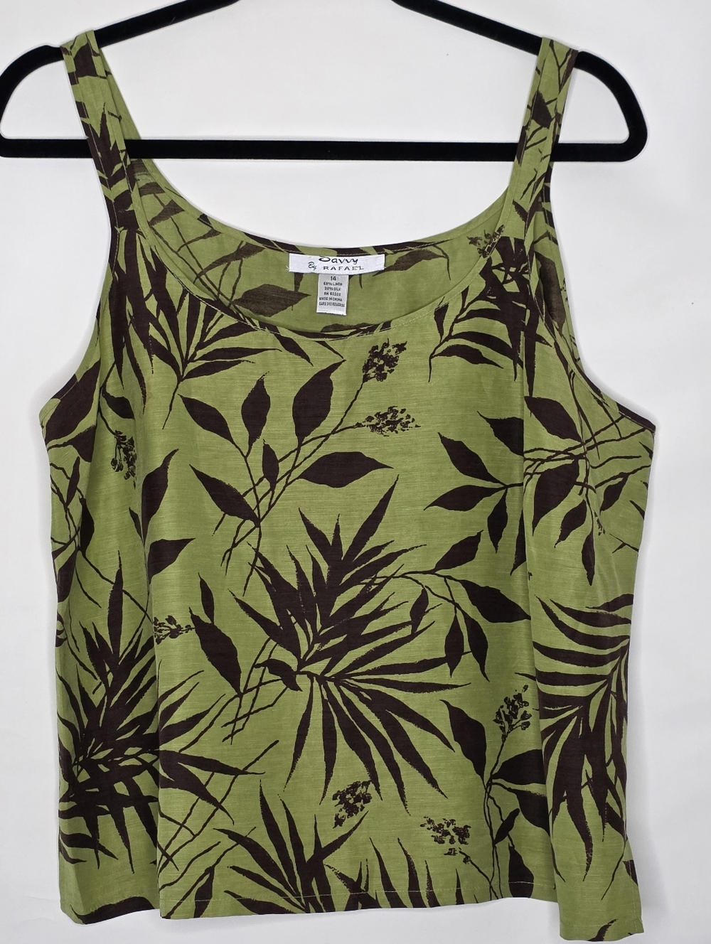LINEN and SILK Floral Leaf Print Top Size 14 Sleeveless Scoop Neck Tropical Chic